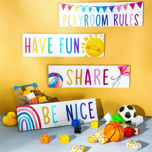 Vista 3 de 4 piezas de madera para sala de juegos para niños, decoración de pared con texto en inglés «Be Nice Share Have Fun», placa de pared colorida