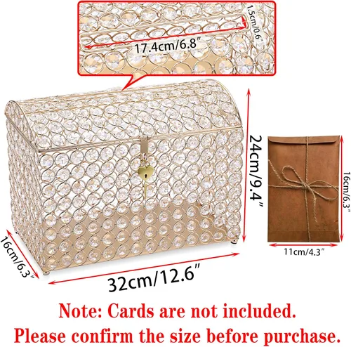 Vista 2 de ELLDOO Caja de tarjetas de boda de cristal con cierre de corazón, 12.6 x 6.3 x 9.4 pulgadas, caja de tarjetas de dinero estilo cofre del tesoro