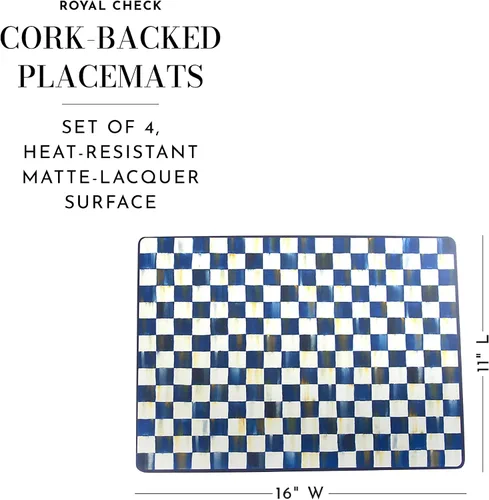 Vista 4 de MACKENZIE-CHILDS Royal Check - Juego de manteles individuales con juego de posavasos, 4 de cada uno, acabado duro