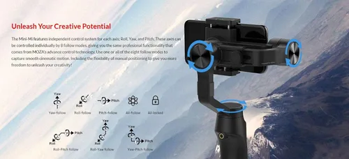 Vista 9 de Moza 3-Axis Smartphone Gimbal Estabilizador Carga de Teléfono Inalámbrico, Negro (Mini Mi)