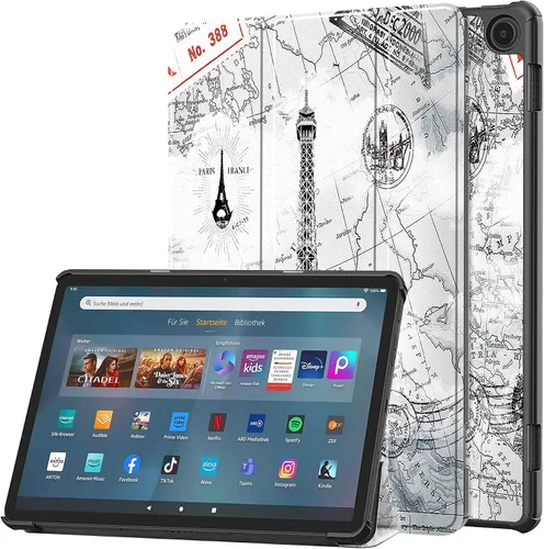 Vista 10 de Funda tipo folio con tapa para tablet Fire Max 11, ajuste delgado, de piel sintética de alta calidad, parte trasera dura, con función de apagado