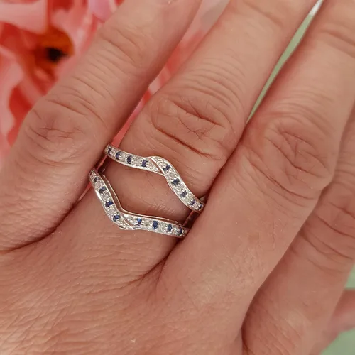 Vista 2 de Anillo doble de oro redondo de oro de 14 quilates con zafiro azul y diamante blanco para mujer