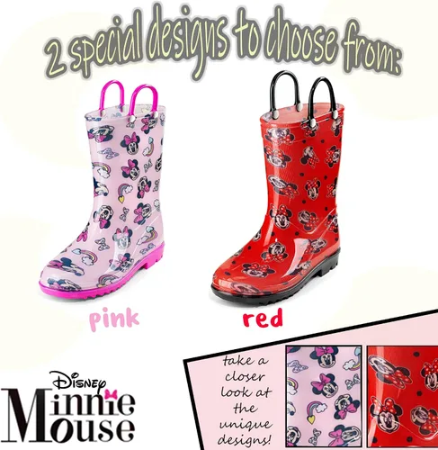 Vista 5 de Disney Minnie Mouse - Botas de lluvia de PVC para niñas, ligeras e impermeables, con asa fácil de poner, para niños pequeños y pequeños, color rosa