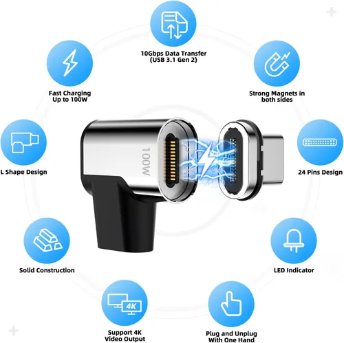 Vista 2 de Adaptador magnético USB C derecho (paquete de 2), conector tipo C de 24 pines, compatible con carga rápida PD de 100 W, transferencia de datos USB