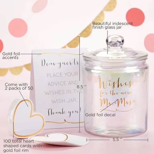 Vista 6 de Kate Aspen Tarro iridiscente de deseos de boda con 100 tarjetas en forma de corazón, libro de invitados, decoraciones de despedida de soltera