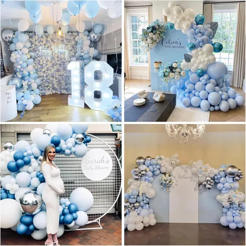 Vista 4 de Jobkoo Kit de arco de globos azul y blanco, guirnalda de globos de aluminio plateado 4D, globos de látex azul claro y plateado, globos de látex