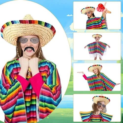 Vista 5 de Conjunto de poncho y sombrero mexicano para adultos, 7 piezas de disfraz de fiesta mexicana, incluye fiesta mexicana, poncho, poncho, sombrero