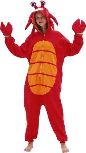 Vista 5 de Crab Onesie Adult Red Crab Pajamas Animal Pajamas Halloween Cosplay Costume Polar Fleece Sleepwear Homewear