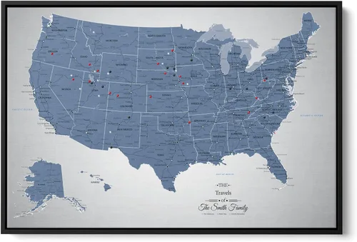 Vista 7 de Blue USA Map Poster with Pins – Cool Tone Personalized United States Travel Map Canvas – Large 24" x 36