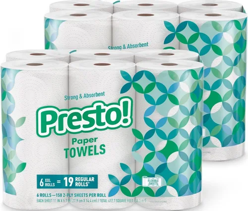 Vista 9 de Presto! Toallas de papel, 128 hojas, 6 rollos Flex-a-Size Rollo familiar 3 paquetes de 2 Blanco