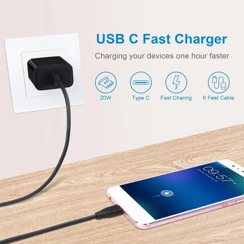Vista 6 de Cargador tipo C de carga rápida, paquete de 20 W, bloque de cargador súper rápido para teléfono Android con cable USB C a C de 6 pies para Samsung