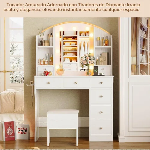 Vista 9 de IRONCK Escritorio de tocador con espejo y luces, mesa de tocador de maquillaje con 10 cajones, organizador de joyas, toma de corriente, taburete