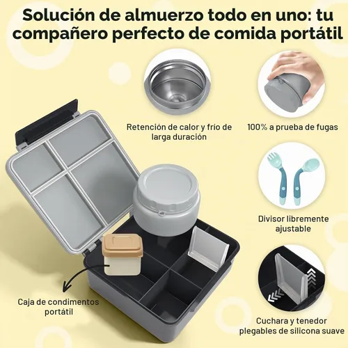 Vista 3 de Lonchera para niños con lonchera Bento con tarro de comida de 8 onzas, color negro