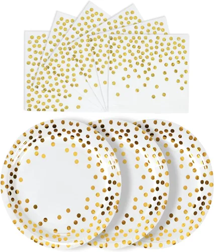 Vista 13 de Platos de papel negro y dorado, paquete de 50 unidades, 25 platos de papel de 7 pulgadas y 25 servilletas de 6.5 pulgadas, platos negros