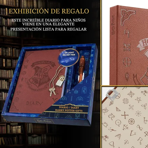 Vista 5 de Diario con candado de Harry Potter con bolígrafo de tinta invisible UV para niños, adolescentes, diario secreto con llave, páginas rayadas
