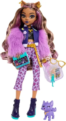Vista 12 de Muñeca Monster High, Abbey Bominable Yeti de moda con mamífero mamut mascota y accesorios temáticos Muñeca Yeti en ropa morada peluda con mamut