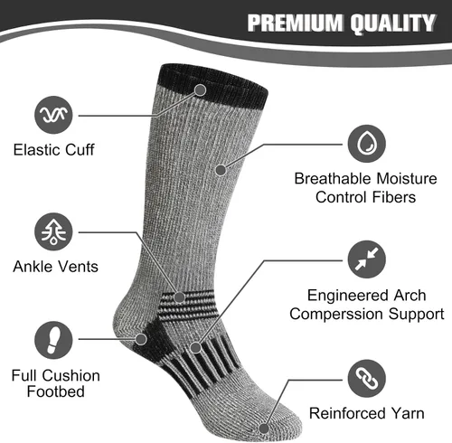 Vista 2 de 80% Merino Wool Socks for Men Women, Warm Thermal Hiking Socks, Winter Cushioned Boot Socks 3 Pairs