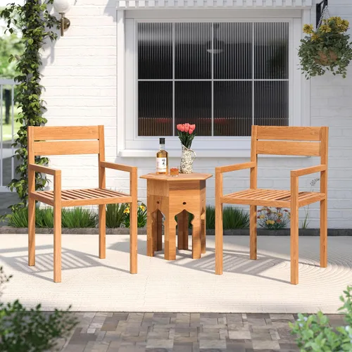 Vista 2 de HAPPYGRILL Silla de comedor de madera de teca, sillón de muebles de madera para exteriores con asiento y respaldo de listones, para patio trasero