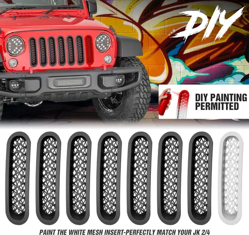Vista 5 de Insertos de parrilla negros, cubierta de malla frontal compatible con Jeep JK Wrangler 2007-2018 y accesorios Unlimited Wrangler, malla