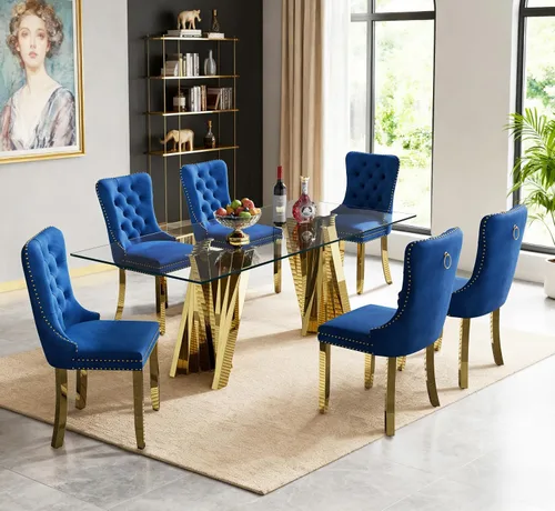 Vista 50 de Juego de mesa de comedor de cristal dorado de 5 piezas, 70 pulgadas, rectangular, moderna, para cocina y comedor, juego para 4, mesa de comedor