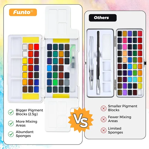 Vista 6 de Funto Juego de pintura de acuarela, 48 colores, bloc de tutorial, 8 pinceles, pincel de agua y más, juego de pintura para adultos, principiantes