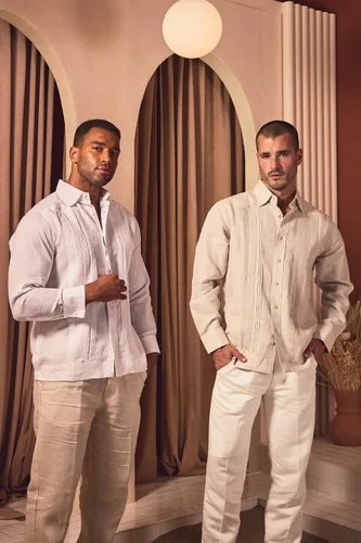 Vista 4 de Mojito - Camisa plisada de manga larga con puños franceses, 100% lino, estilo guayabera, formal, para hombre