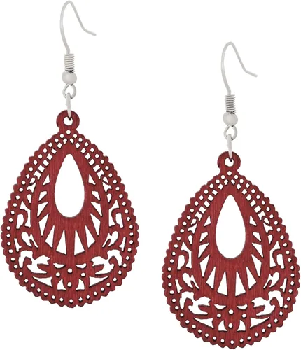 Vista 8 de Bohemian Hollow Cut-Out Wood Leather Dangle Drop Earrings, Boho Chic Hippie Statement Jewelry Gift for Women S01A