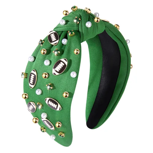 Vista 9 de Diadema de fútbol para mamá, accesorios de perlas con diamantes de imitación anudados, banda ancha para el pelo negra, diadema de nudo superior