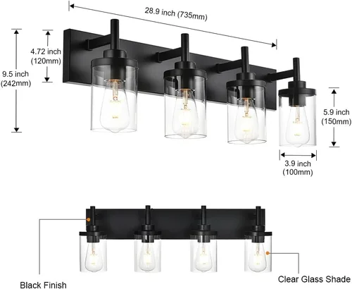 Vista 6 de Lámpara de tocador de baño sobre espejo, lámparas de pared de baño negras, iluminación moderna con pantalla de vidrio transparente, aplique de pared
