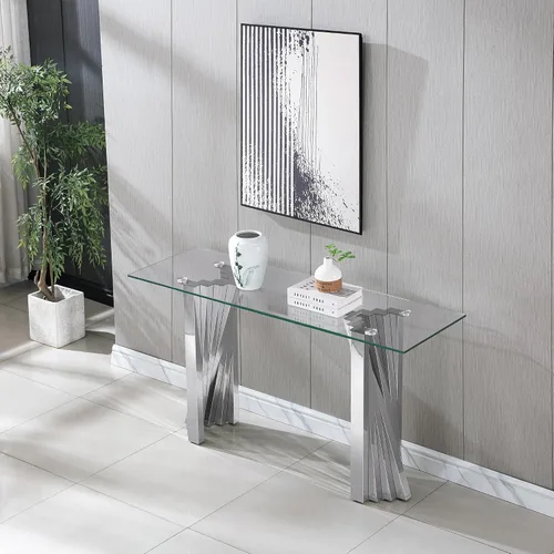 Vista 21 de Mesa de centro de cristal de lujo, mesa de centro de sofá de 47 pulgadas con marco de acero inoxidable dorado y parte superior de vidrio negro, mesa