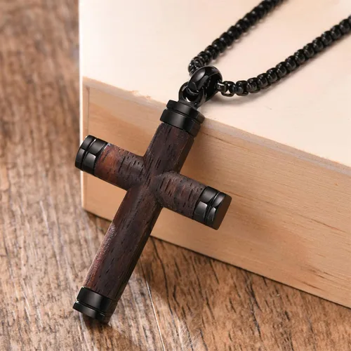 Vista 8 de Collar de cruz de madera para hombre, sándalo real con incrustaciones a mano collares de cruz para hombre, colgante de crucifijo de acero inoxidable