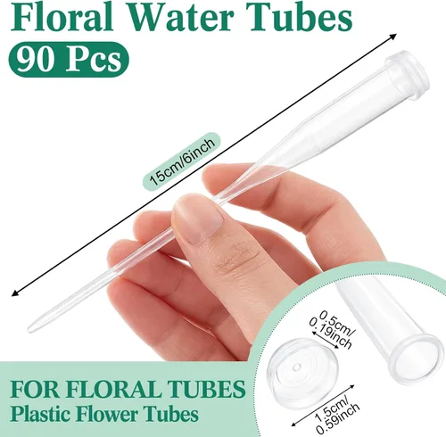 Vista 2 de Tessco for you 90 tubos de agua florales de 6 pulgadas, suministros de flores de plástico para flores frescas con tapa de goma para arreglos
