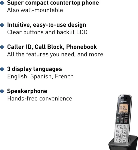 Vista 2 de Teléfono inalámbrico compacto Panasonic con DECT 6.0, LCD ámbar de 1.6" y teclado HS iluminado, bloqueo de llamadas, identificador de llamadas