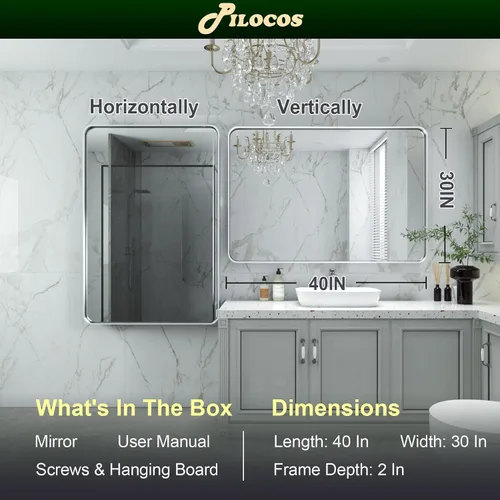 Vista 3 de Espejo rectangular de baño con marco plateado de 40 x 30 pulgadas para pared, moderno espejo de tocador de baño con marco de aleación de aluminio