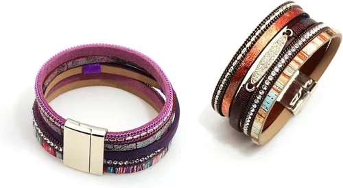 Vista 2 de KunBead Pulseras de cuero para mujer, hechas a mano, trenzadas, bohemias, multicapas, pulsera de pulsera para cumpleaños