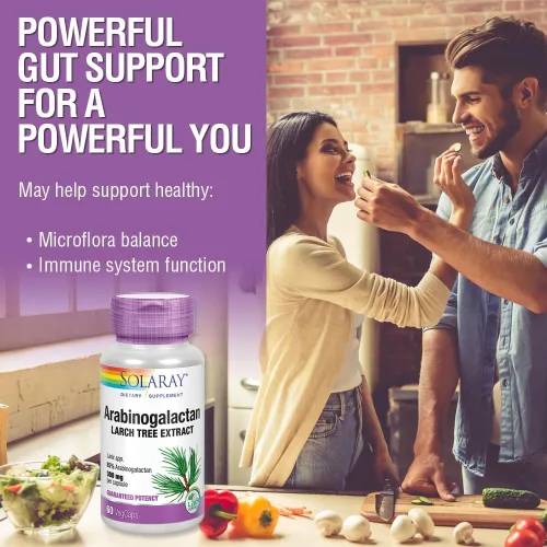 Vista 4 de SOLARAY Arabinogalactan, extracto de alerce de 300 mg Fibra prebiótica para un intestino saludable y apoyo del sistema inmunológico 60 cápsulas
