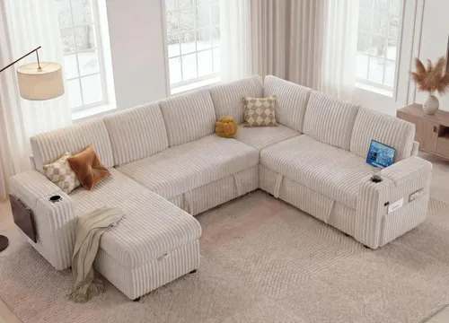 Vista 2 de WEUP Sofá cama modular de 111 pulgadas con cama extraíble, sofá de pana de felpa en forma de L de 7 asientos con diván de almacenamiento, puertos