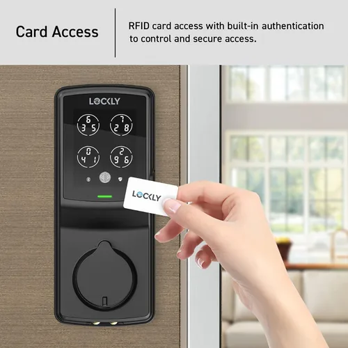 Vista 2 de Lockly Secure Plus - Cerradura de puerta inteligente, entrada sin llave con huella digital y tarjeta RFID, teclado PIN Genie, control
