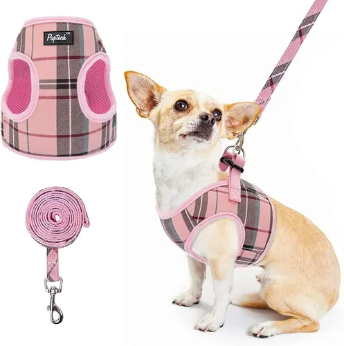 Vista 8 de PUPTECK Juego de Arnés y Correa para Perro de Malla Suave Step-in a Cuadros para Cachorro Acolchado Sin Tirones Chaleco Arnés para Perros XS Beige