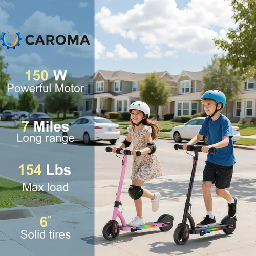 Vista 2 de Caroma E6 Patinete Eléctrico para Niños, Patinete Eléctrico Plegable de 150W con 3 Velocidades (8/13/16 Km/h), Pantalla LED y Luces Coloridas