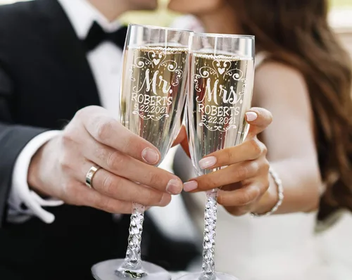 Vista 4 de Mr Mrs - Juego de 2 copas de champán con tallo retorcido para parejas, recién casados, novios, novios, novios, esposos, esposa, aniversario