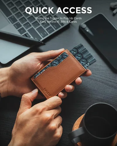 Vista 2 de VULKIT Tarjetero con ventana de identificación tarjetas emergentes cartera delgada de cuero con protección RFID hasta 12 tarjetas Marrón Minimalista