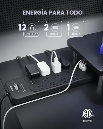Vista 2 de Regleta protectora de sobretensiones de 5 pies (4080J), protector de sobretensiones negro con 12 tomas, diseño espacioso para enchufes grandes