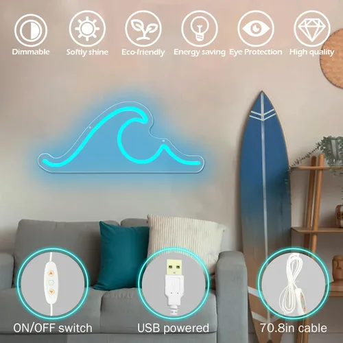 Vista 3 de Letrero de neón ondulado para decoración de pared, regulable, luces de noche, letrero de ondas LED, letrero de neón para sala de estar, dormitorio