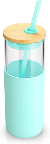 Vista 18 de Tronco Vaso de vidrio de 28 onzas con tapas y pajilla, taza reutilizable para café helado y vaso para batidos con tapa de bambú, funda de silicona