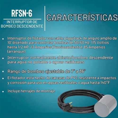 Vista 3 de Little Giant RFSN-6, 115 voltios, interruptor de flotador atado a piggyback, cable de 10 pies Máximo 13 Amp, 1/2 HP, Bomba hacia abajo, Para