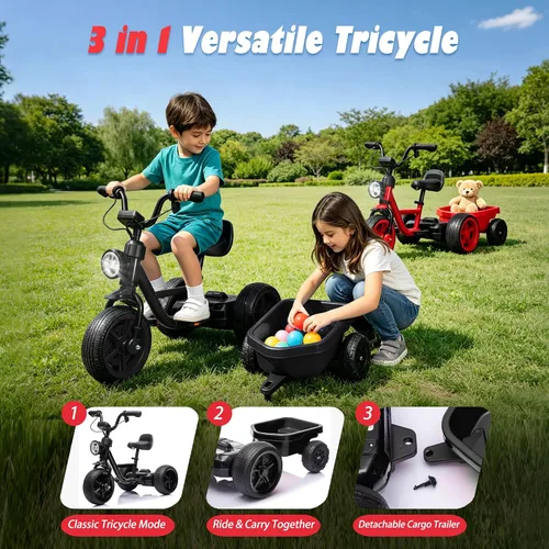 Vista 4 de Triciclo eléctrico de 12 V para niños, bicicleta para niños pequeños con estructura triangular estable, asiento ajustable, ruedas anchas de EVA Negro