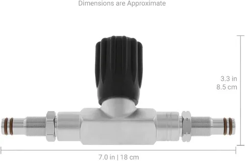 Vista 2 de Barra transversal de doble colector de buceo con válvula de aislamiento y roscas finas para válvulas modulares Hollis, XS Scuba, Thermo, Diverite