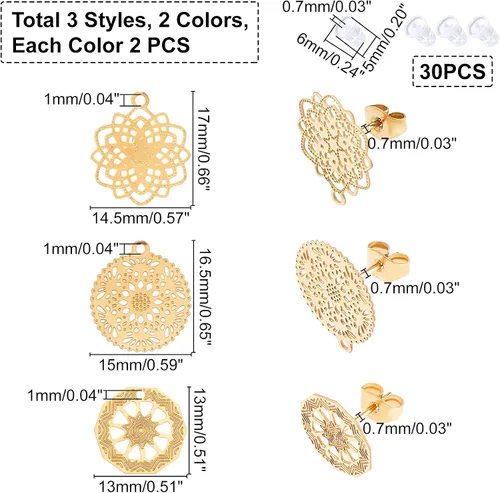 Vista 5 de UNICRAFTALE 12 piezas de 3 formas 304 de acero inoxidable 304, formas mixtas, aretes de tuerca de acero inoxidable dorado, aretes de metal para 2