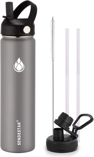 Vista 17 de SENDESTAR Botella de agua aislada de 24 onzas, boca ancha, botella de agua de 24 onzas con tapa con popote, tapa de boquilla, acero inoxidable